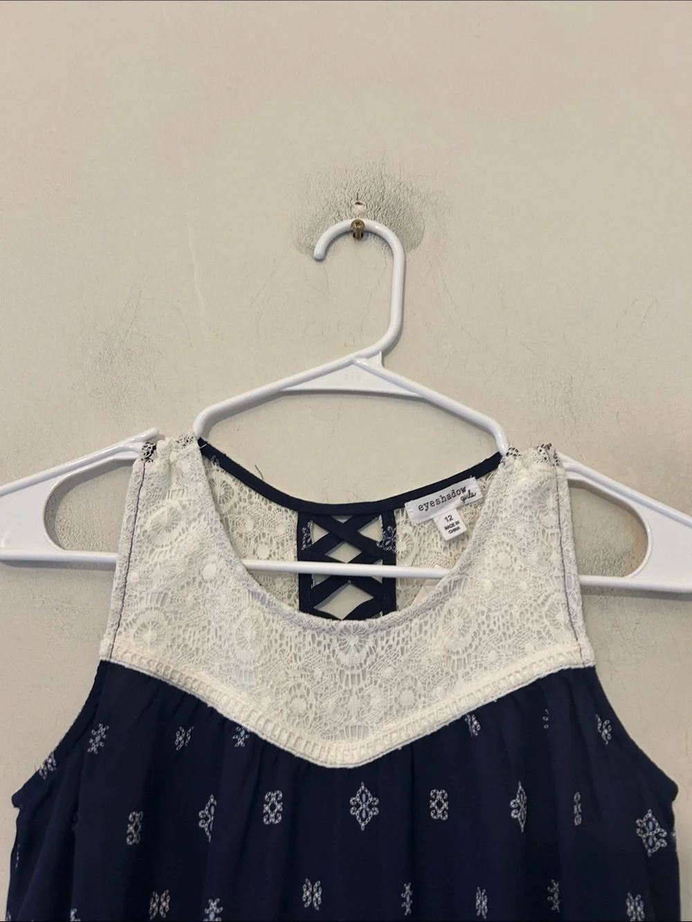 Eyeshadow Girls Navy Blue Lace Yoke Sundress with Border Print Size 12 New